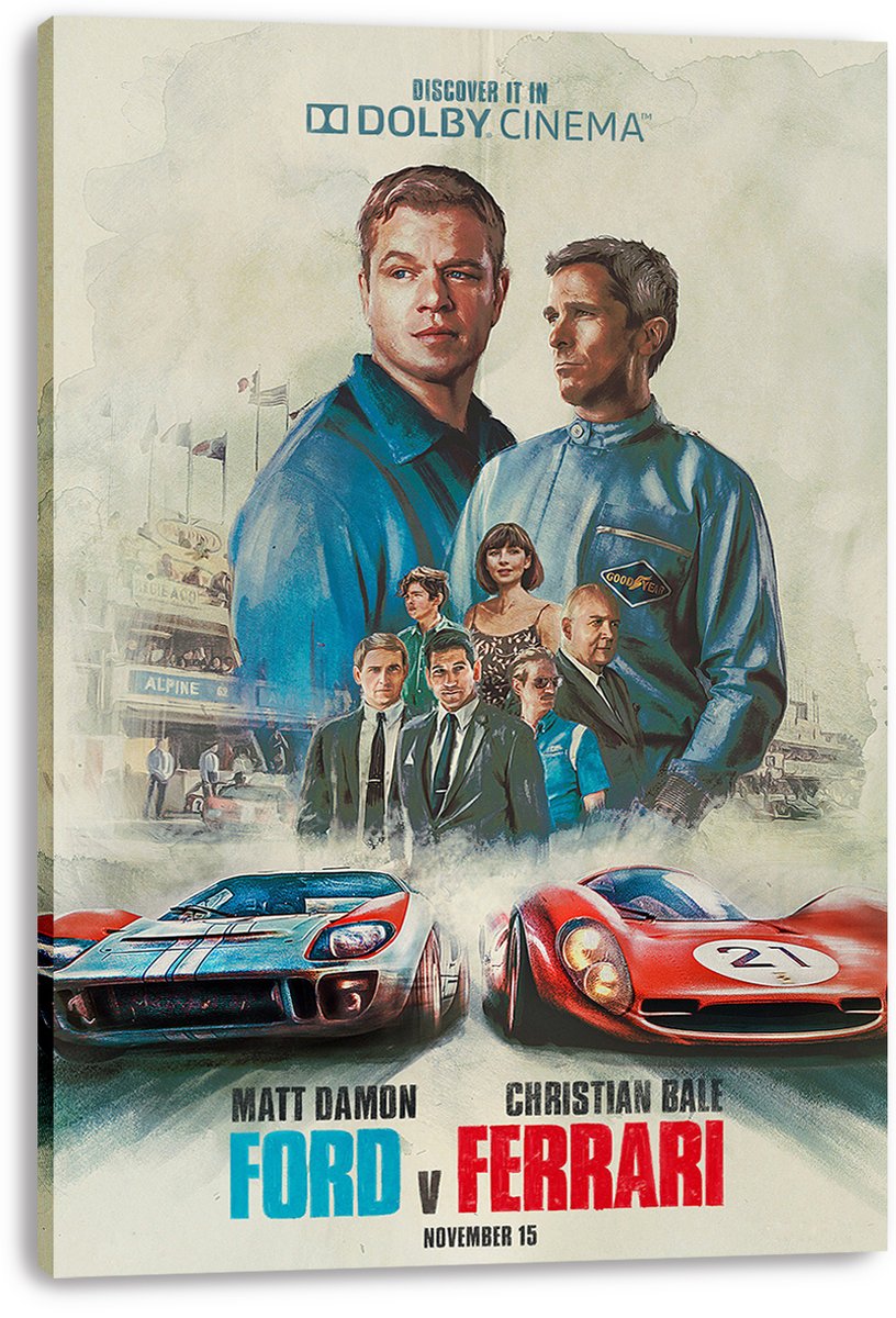 Ford v Ferrari canvas wall art print with illustrated drivers and team figures above blue and red vintage race cars.
