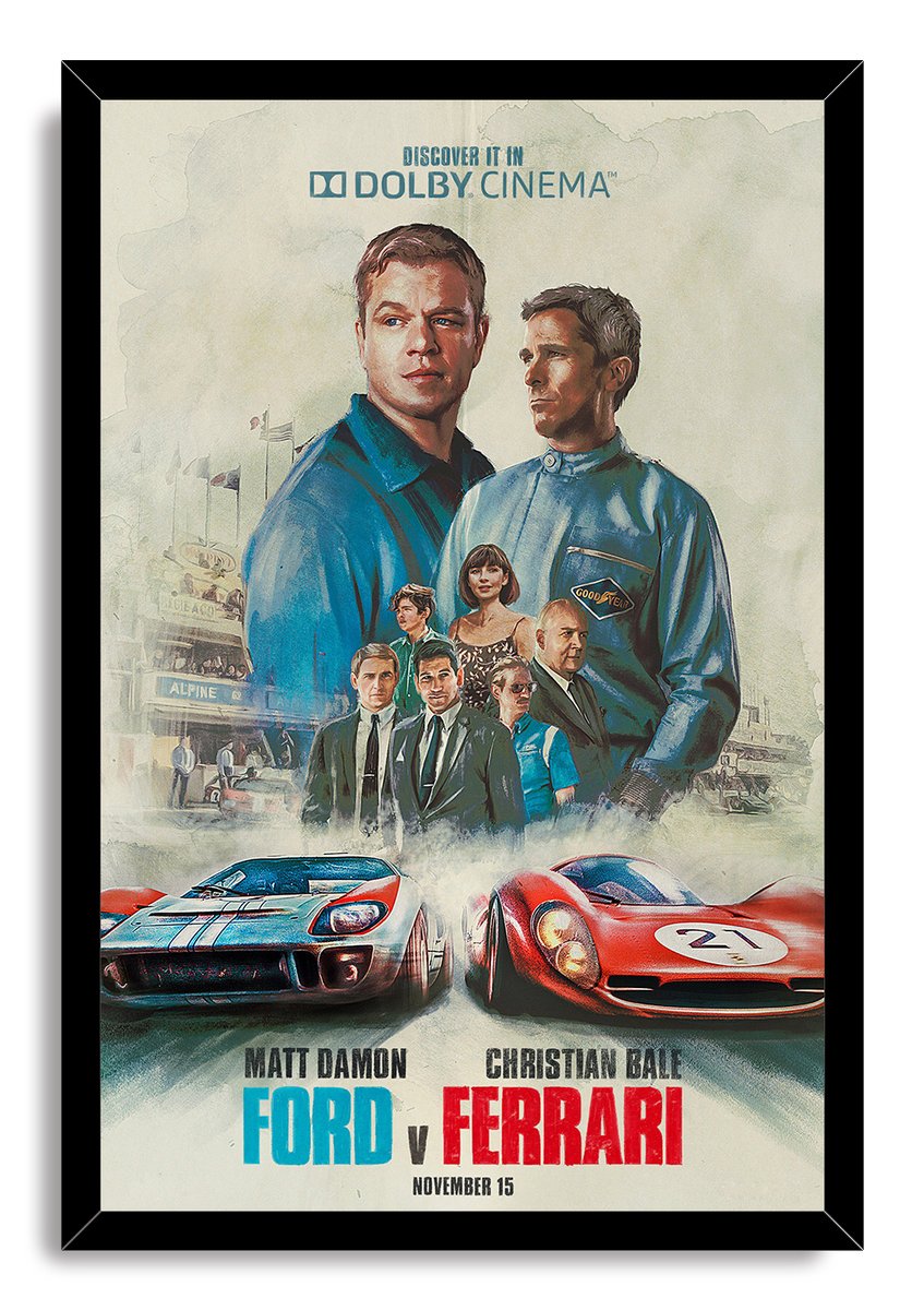 Ford v Ferrari framed wall art print with black border, painted cast portraits, and opposing blue Ford and red Ferrari racers.