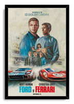 Ford v Ferrari framed wall art print with black border, painted cast portraits, and opposing blue Ford and red Ferrari racers.