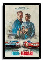 Ford v Ferrari framed wall art print with black border, painted cast portraits, and opposing blue Ford and red Ferrari racers.