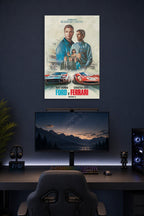 Ford v Ferrari Movie Poster in a gaming desk setup above a monitor.