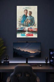 Ford v Ferrari Movie Poster in a gaming desk setup above a monitor.