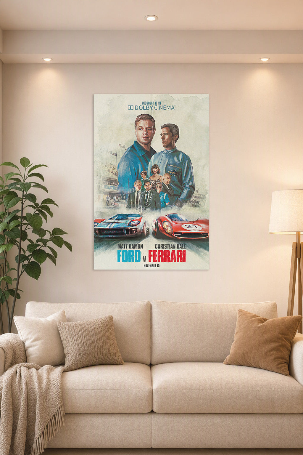 Ford v Ferrari Movie Poster in a bright living room above a beige sofa.