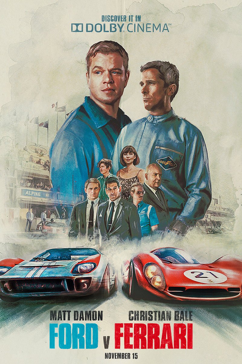 Ford v Ferrari movie poster wall art print featuring painted portraits, a blue Ford race car, and a red Ferrari race car.