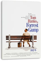 Forrest Gump canvas wall art print featuring Tom Hanks on a bench, a suitcase, and bold red and blue title text.