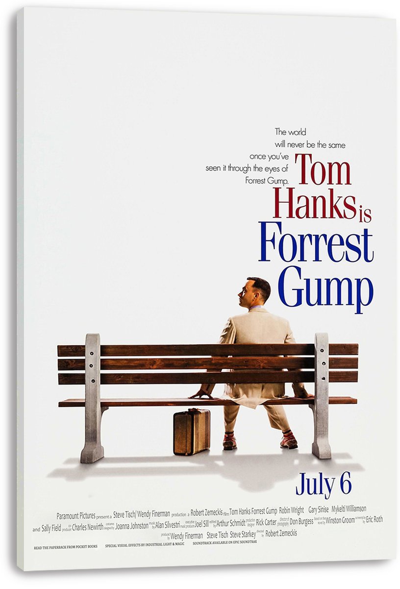Forrest Gump canvas wall art print featuring Tom Hanks on a bench, a suitcase, and bold red and blue title text.