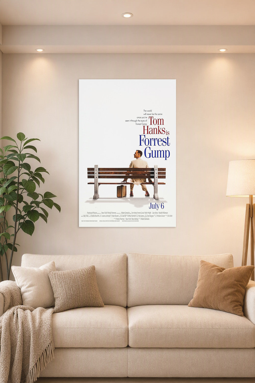 Forrest Gump in a bright living room above a beige sofa.