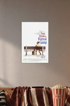 Forrest Gump in a cozy movie room above a brown sofa with popcorn.