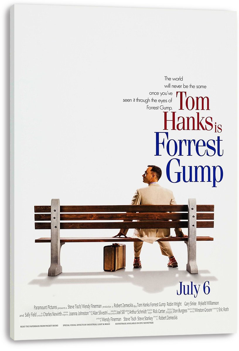 Forrest Gump canvas wall art print featuring Tom Hanks on a park bench with a suitcase, bold blue and red typography, and white background.