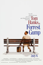 Forrest Gump poster with Tom Hanks seated behind a wooden park bench, a brown suitcase, and red and blue title text.