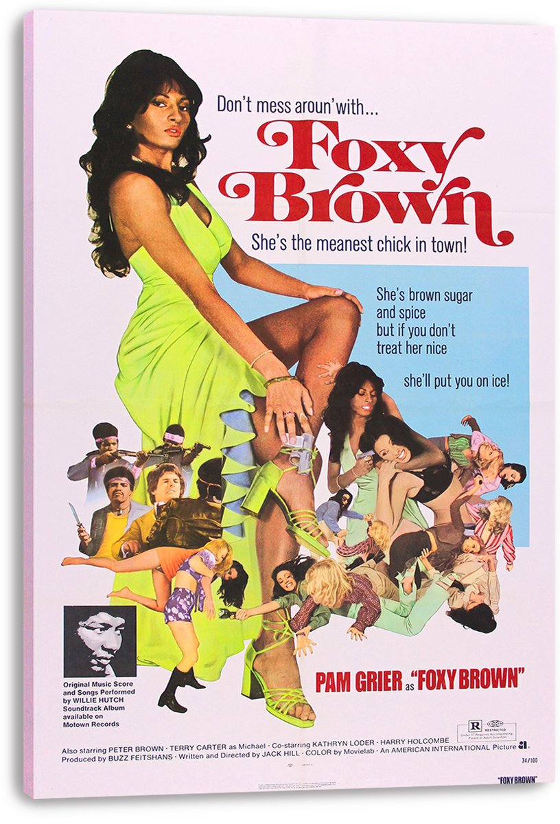 Foxy Brown canvas wall art print with Pam Grier in lime green amid a collage of characters, set against white and blue.