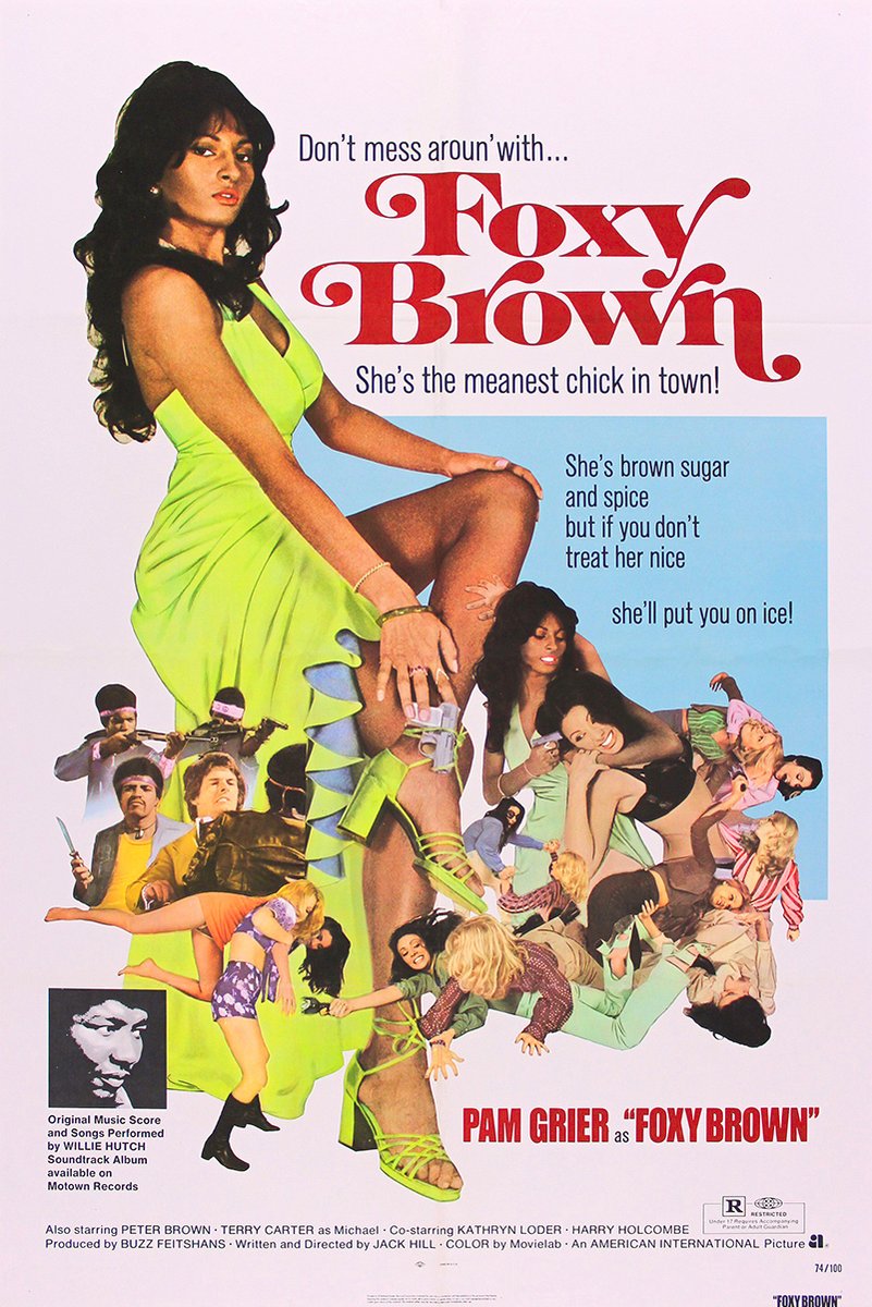 Foxy Brown poster featuring Pam Grier in a lime green dress, surrounded by action scenes and bold red title lettering.
