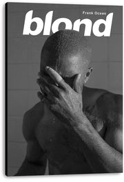 Frank Ocean Blond wall art print presented on a stretched canvas, featuring a monochrome wet portrait and large white title text.