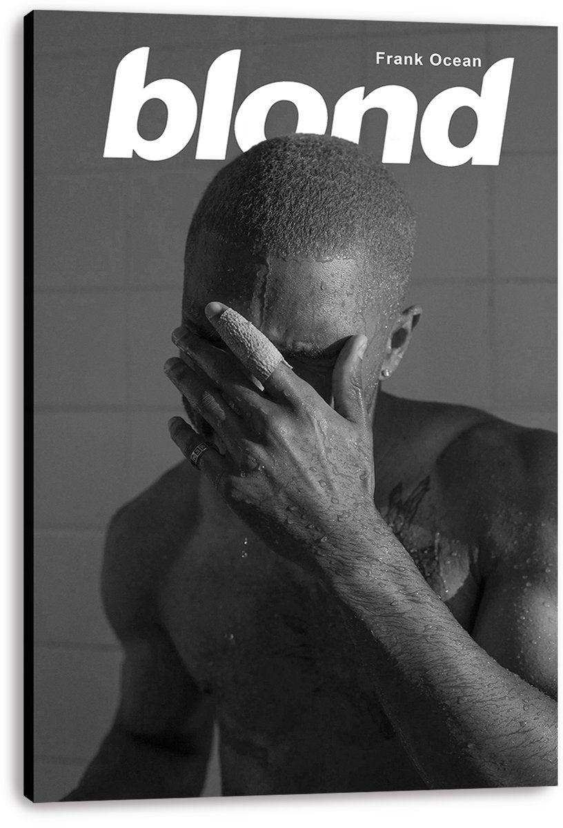 Frank Ocean Blond wall art print presented on a stretched canvas, featuring a monochrome wet portrait and large white title text.