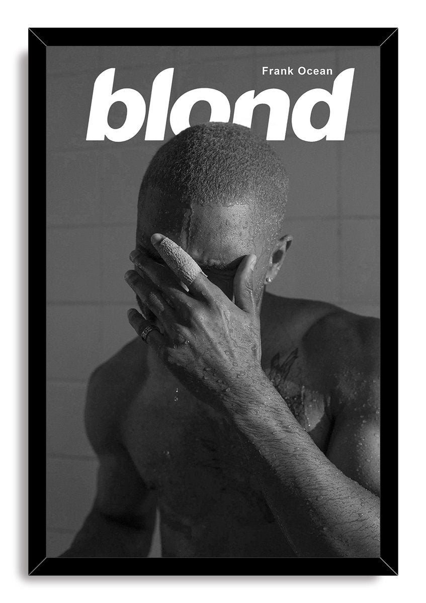 Frank Ocean Blond framed wall art print with a black frame, depicting a wet man covering his face under white album lettering.