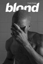 Frank Ocean Blond album cover poster with a black-and-white portrait of a wet man covering his face, beneath bold white lettering.