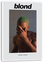 Frank Ocean Blonde canvas wall art print displays the green-haired, shirtless portrait with a hand over his face and white wrapped edges.