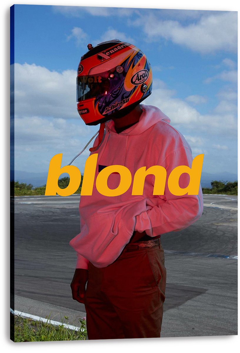 Frank Ocean Blonde album cover canvas wall art featuring a helmeted person in a pink hoodie, yellow title text, and cloudy sky.
