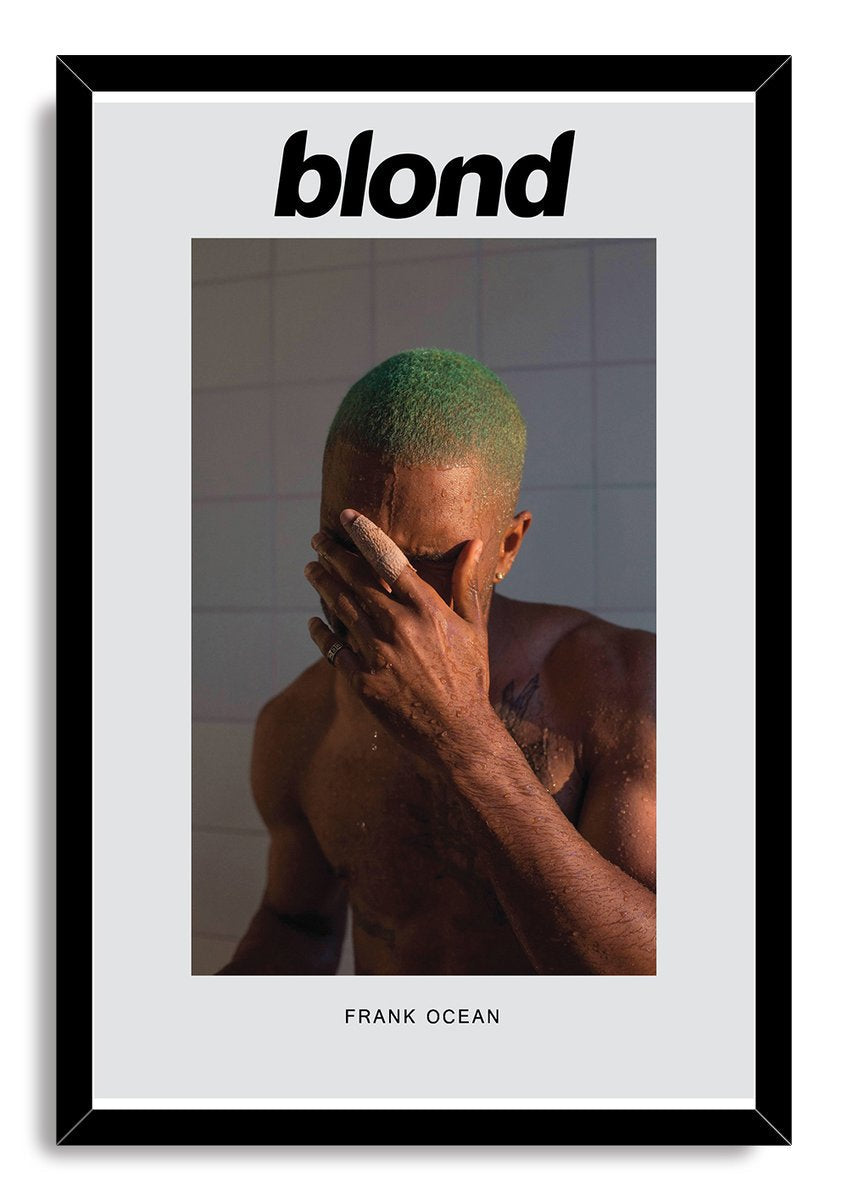 Frank Ocean Blonde framed wall art print presents the tiled shower portrait of a green-haired man covering his face in a black frame.