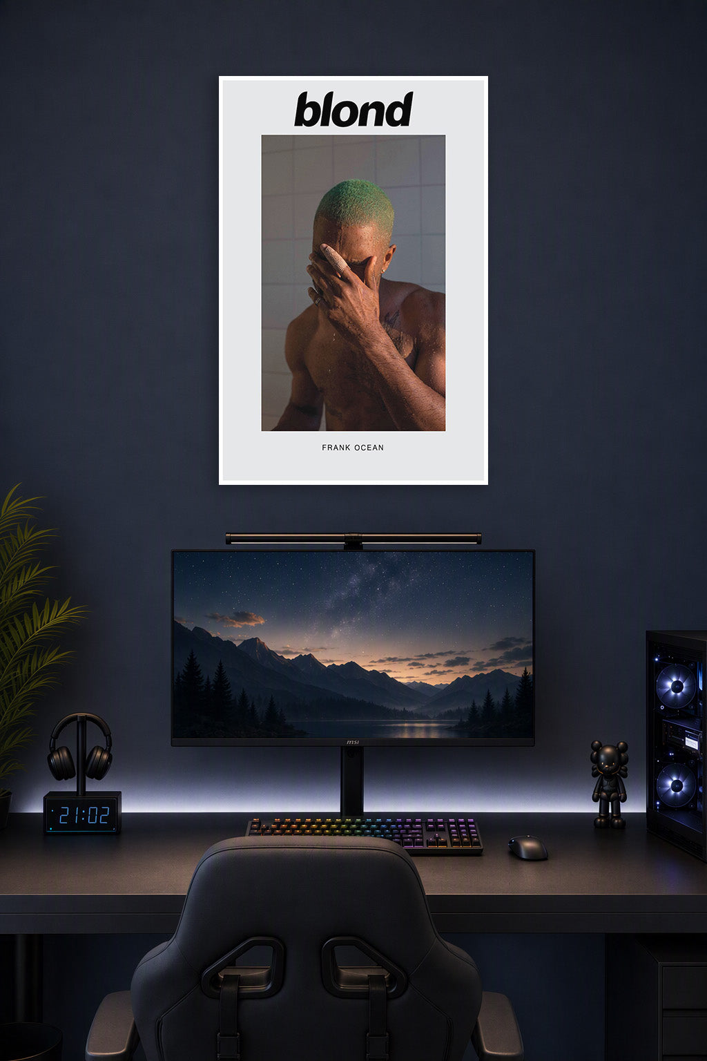 Frank Ocean Blonde Album Cover in a gaming desk setup above a monitor.