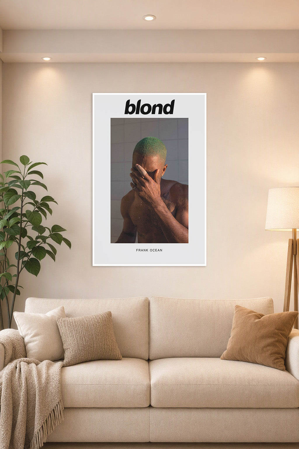 Frank Ocean Blonde Album Cover in a bright living room above a beige sofa.