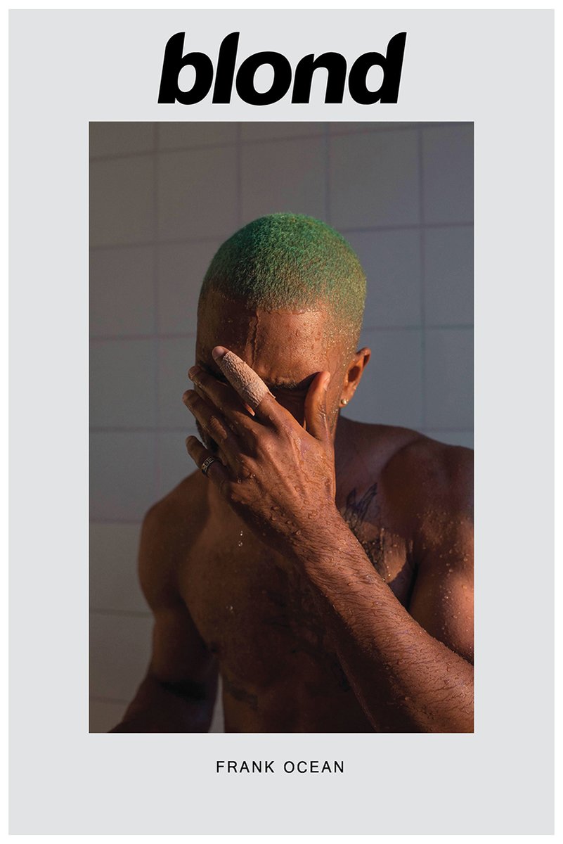 Frank Ocean Blonde poster features a shirtless man with green hair covering his face in a tiled shower, with bold black album text.