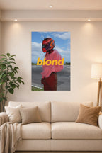 Frank Ocean Blonde Album Cover in a bright living room above a beige sofa.