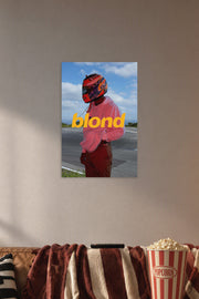 Frank Ocean Blonde Album Cover in a cozy movie room above a brown sofa with popcorn.