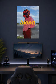 Frank Ocean Blonde Album Cover in a gaming desk setup above a monitor.