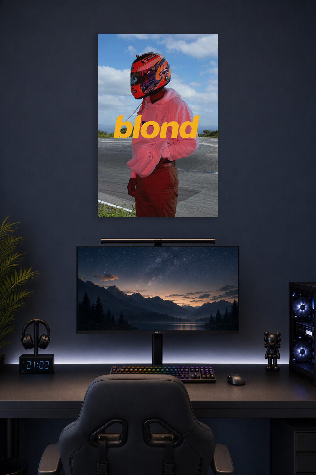 Frank Ocean Blonde Album Cover in a gaming desk setup above a monitor.