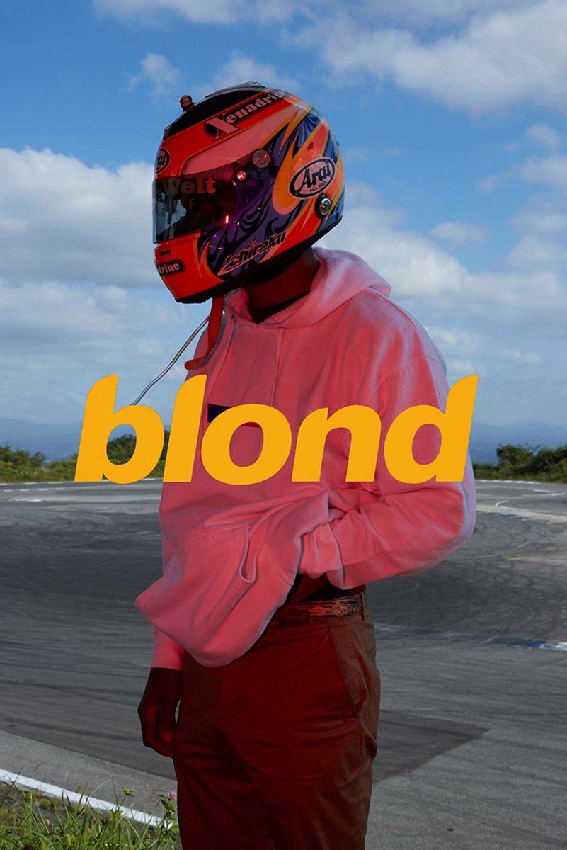 Frank Ocean Blonde album cover poster with a person in a pink hoodie and colorful racing helmet on a track beneath blue clouds.