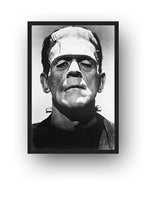 Frankenstein Boris Karloff framed wall art print presents the monster's black-and-white head-and-shoulders portrait in a slim black frame.