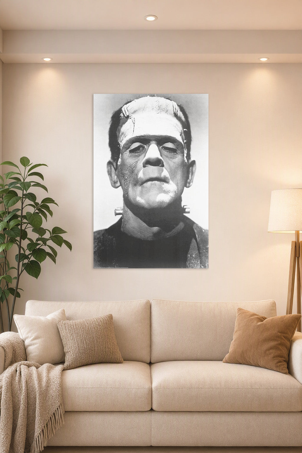 Frankenstein Boris Karloff B004008U2Q in a bright living room above a beige sofa.