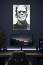 Frankenstein Boris Karloff B004008U2Q in a gaming desk setup above a monitor.