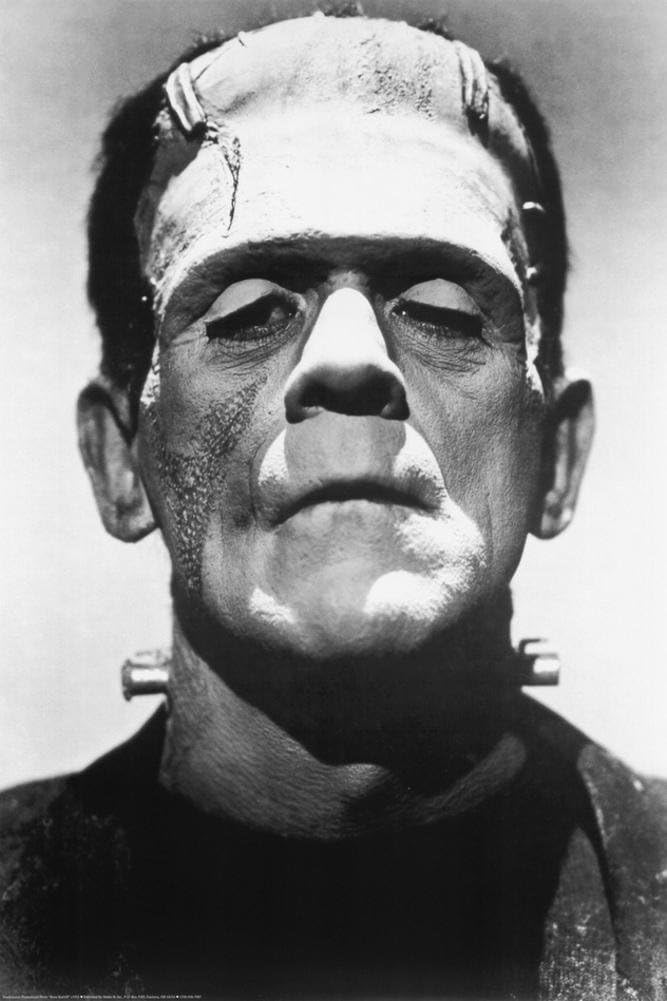 Frankenstein Boris Karloff poster features a stark black-and-white close-up of the monster's bandaged forehead and solemn face.