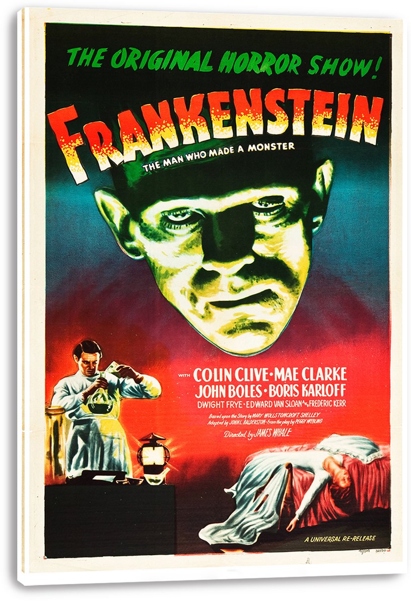 Frankenstein canvas wall art print presents the vintage horror poster with a looming green face, scientist, lantern, and woman.