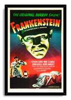 Frankenstein framed wall art print displays a vintage poster of the Monster, a laboratory scientist, and a woman on a bed.