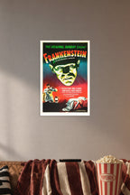 Frankenstein in a cozy movie room above a brown sofa with popcorn.