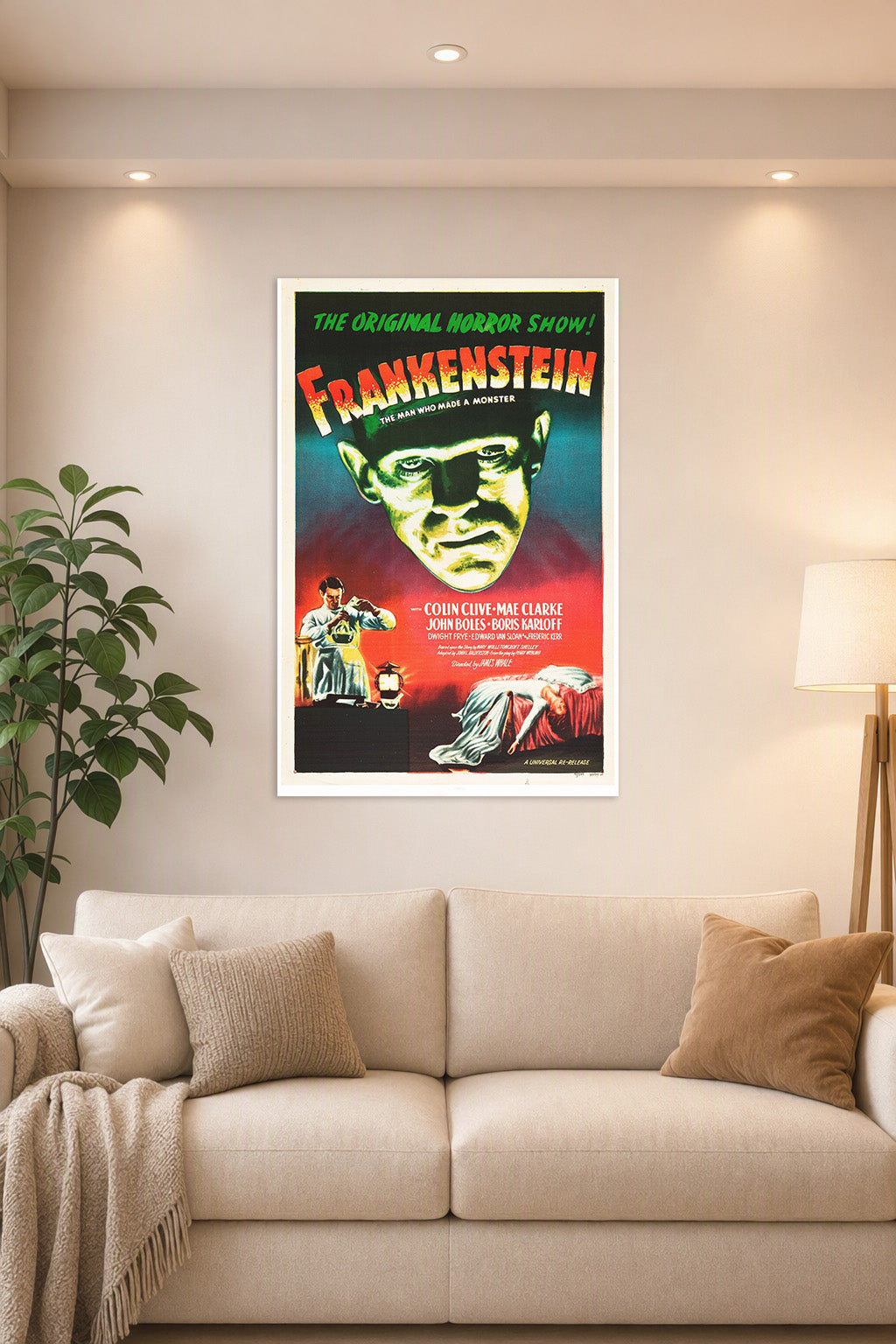 Frankenstein in a bright living room above a beige sofa.
