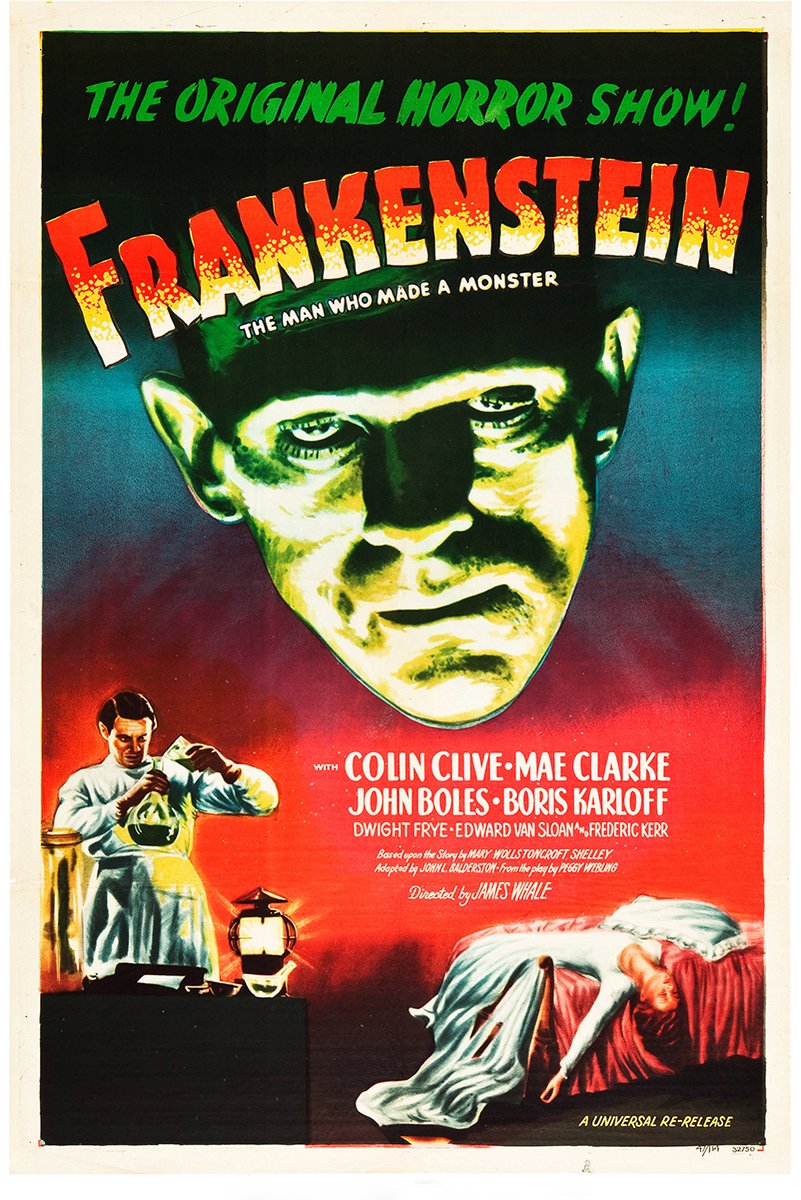 Frankenstein poster features the Monster's green-lit face above a scientist, laboratory tools, and a reclining woman in red.