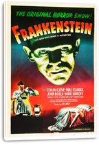 Frankenstein canvas wall art print displays the monster's stark green face, red title lettering, scientist, and bedside figure.