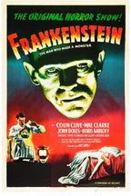 Frankenstein movie poster wall art print with the Monster's green-lit face, a scientist at work, and a woman on a bed in red and blue.