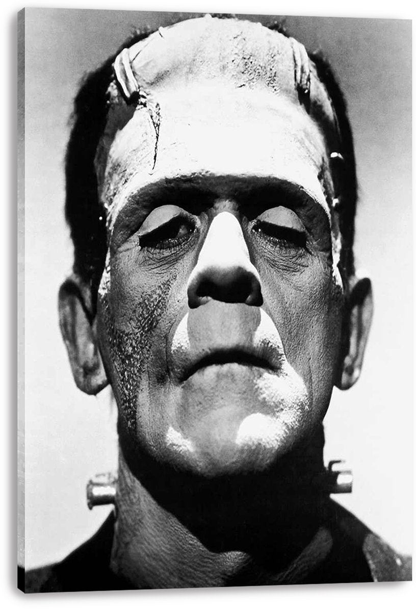 Frankenstein's Monster canvas wall art print presents a monochrome portrait of the solemn creature with heavy-lidded eyes and neck bolts.