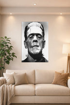 Frankenstein's Monster in a bright living room above a beige sofa.
