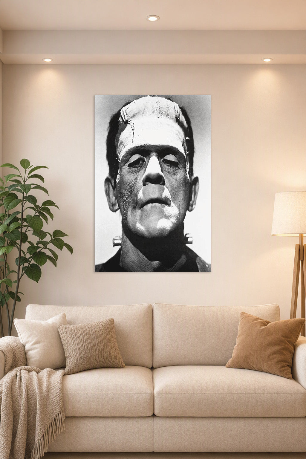 Frankenstein's Monster in a bright living room above a beige sofa.