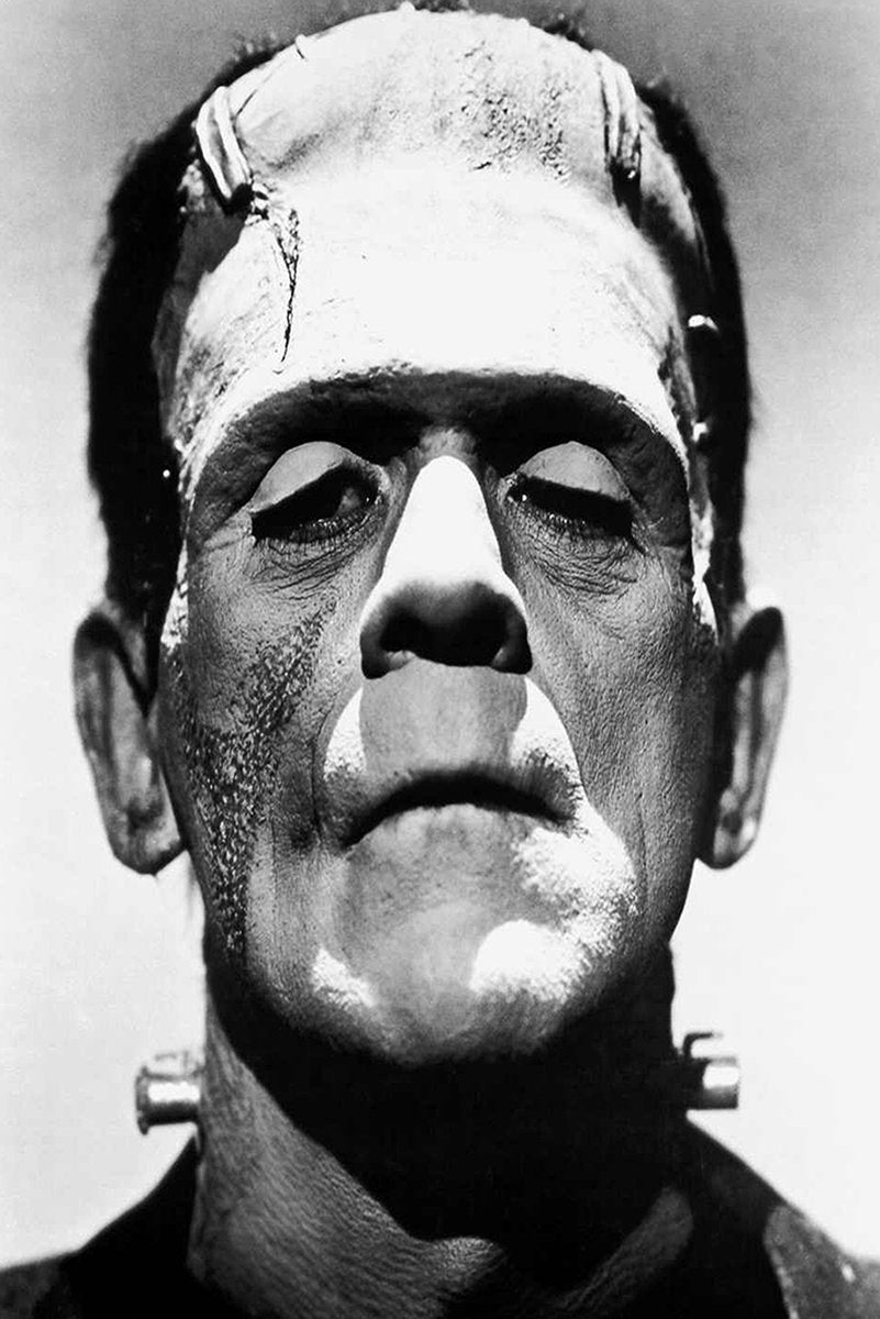 Frankenstein's Monster wall art print features a stark black-and-white close-up of the creature's scarred forehead and neck bolts.