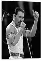 Freddie Mercury canvas wall art print displays a black-and-white concert portrait with a microphone, white tank top, and raised thumb.