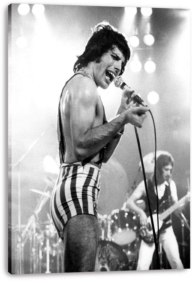 Freddie Mercury canvas wall art print features a black-and-white live performance with microphone, drummer, guitarist, and spotlights.