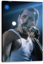 Freddie Mercury canvas wall art print features a close-up concert portrait with a handheld microphone and blue spotlights.