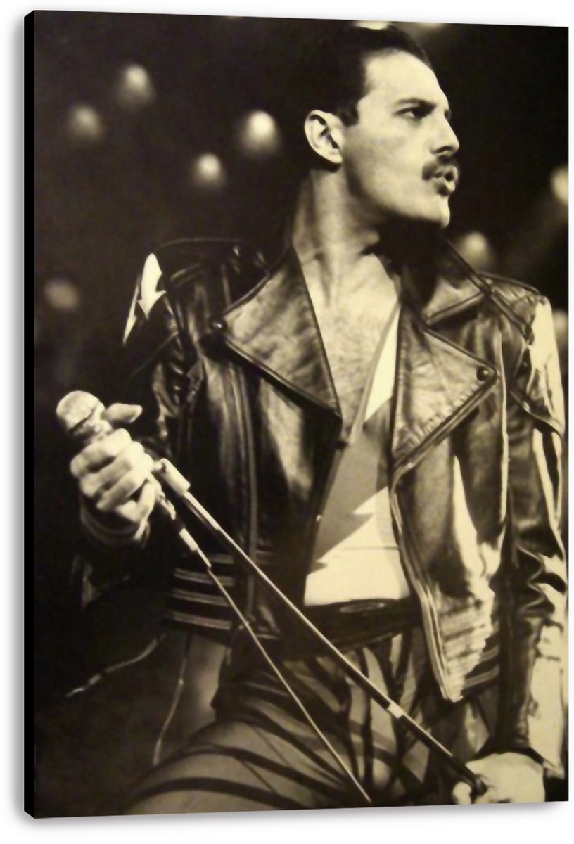 Freddie Mercury canvas wall art print featuring a monochrome concert portrait with microphone, leather jacket, and dark stage lights.